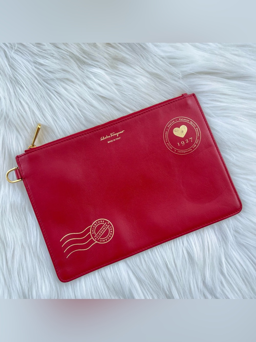 SALVATORE FERRAGAMO Red Leather Letter Envelope Zip Pouchette Wallet Clutch bag